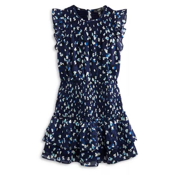 Aqua Girls’ Speckle Flutter Smocked Big Kid Dress, Navy Blue Floral - Size Large - Picture 2 of 11